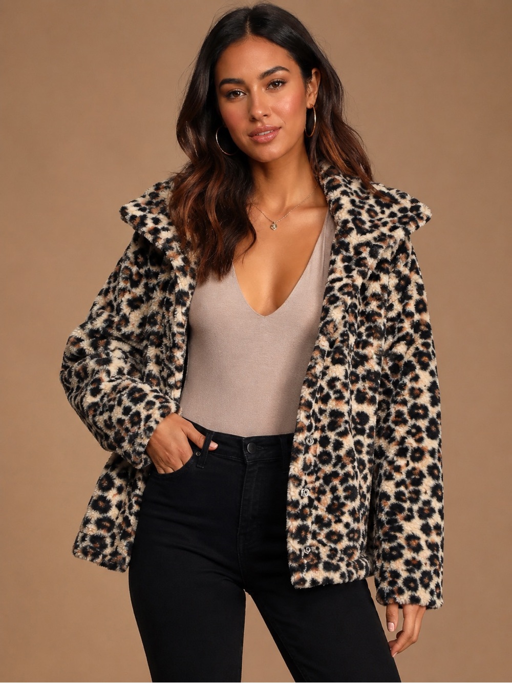 Billabong Leopard-Print Teddy Jacket in Black and Tan